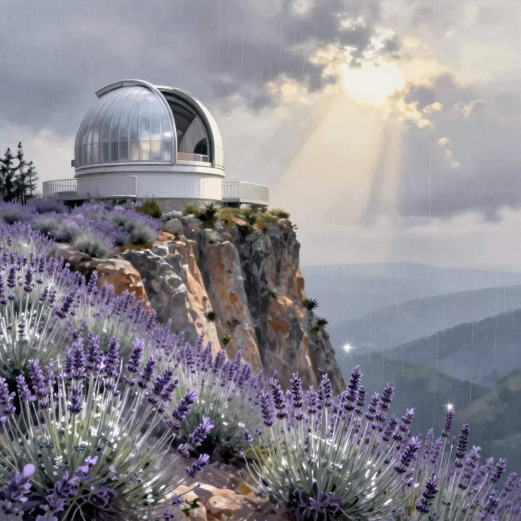 a cliffside observatory after warm summer rain, contemporary botanical illustration, calm negative space, lavender and s