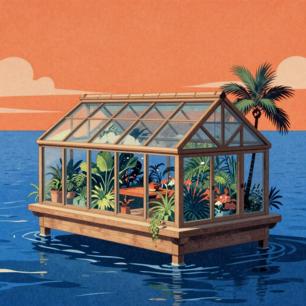 a floating botanical conservatory in a gentle sea breeze, Japanese woodblock-inspired editorial art, subtle film grain,