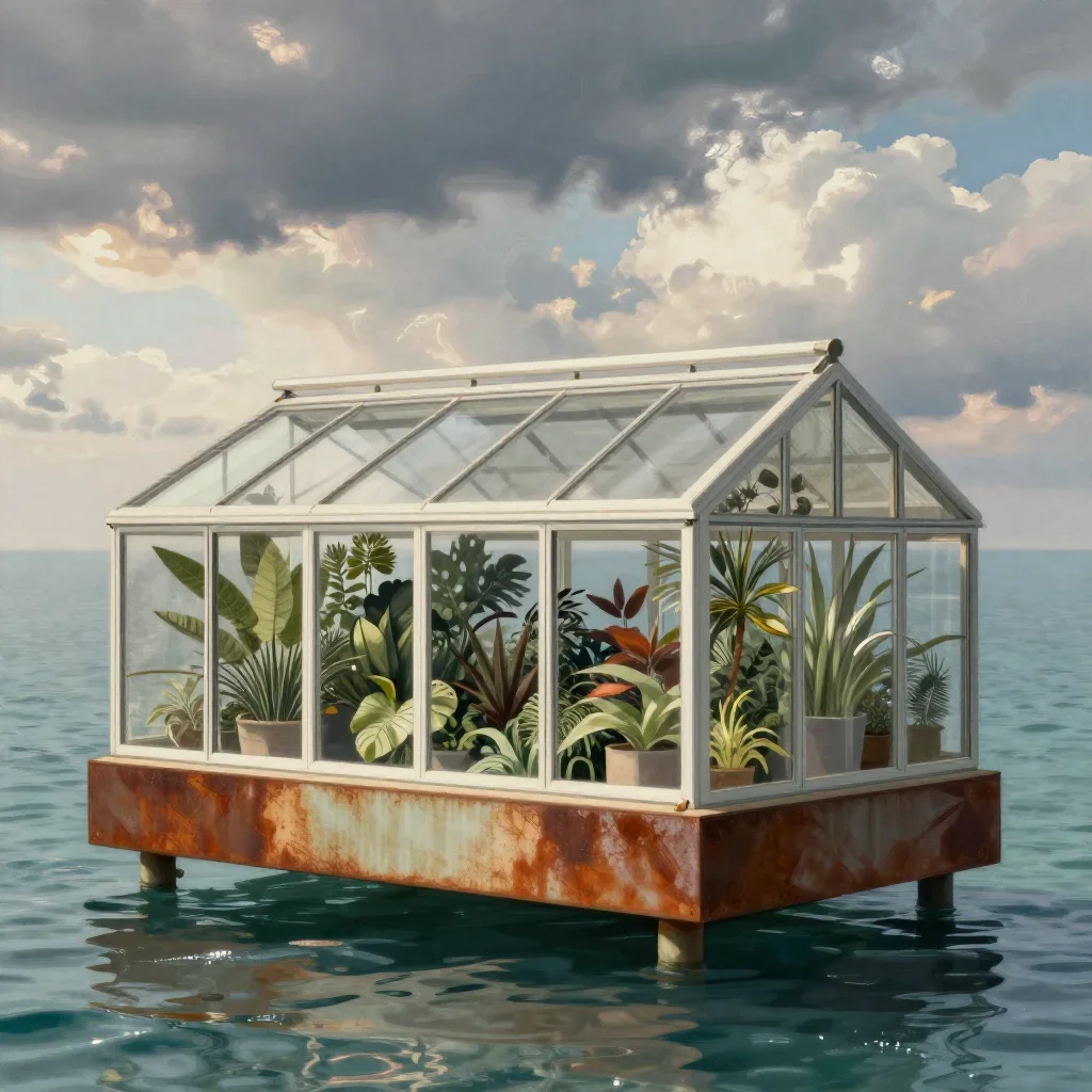 a floating botanical conservatory in a gentle sea breeze, contemporary botanical illustration, clean natural textures, r