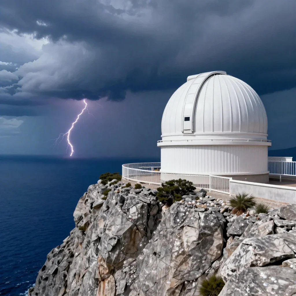 a cliffside observatory after a distant thunderstorm, high-end design magazine photography, clean natural textures, indi