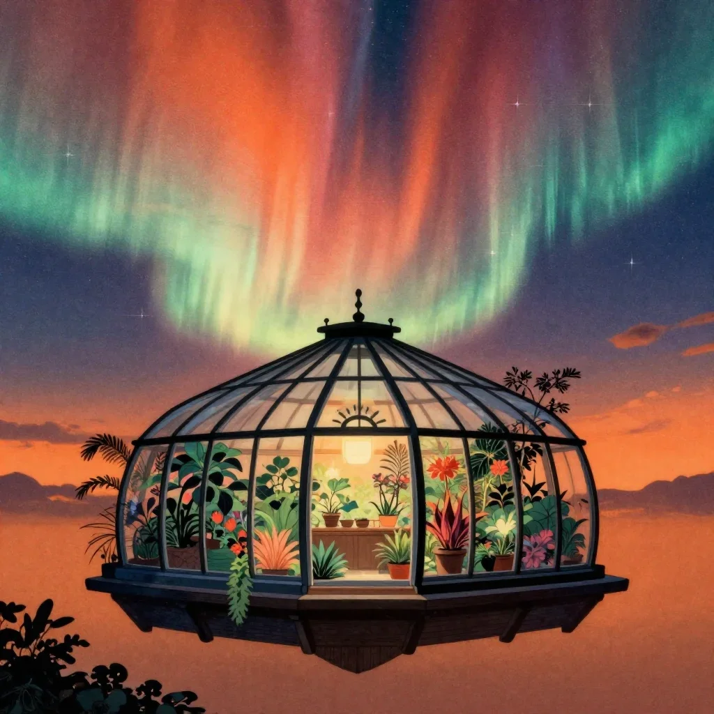 a floating botanical conservatory beneath an aurora, Japanese woodblock-inspired editorial art, subtle film grain, ochre