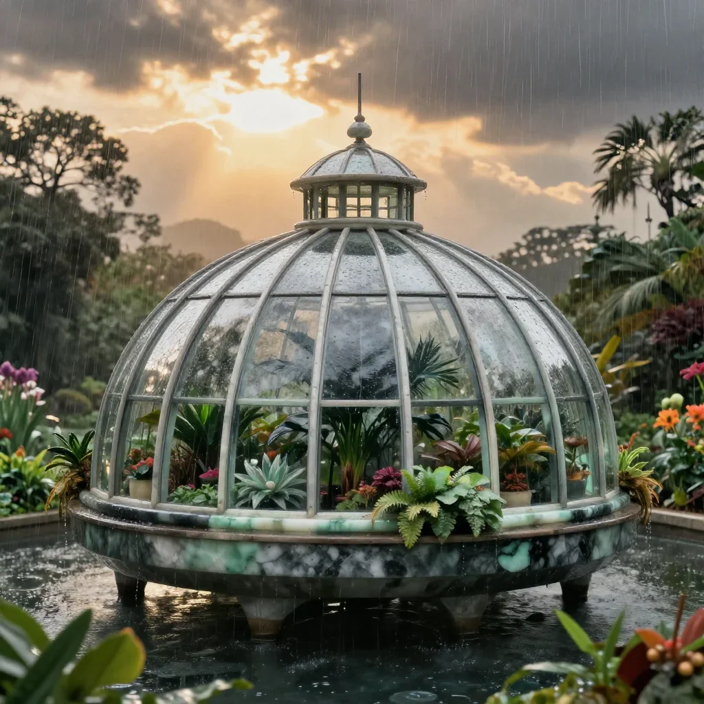 a floating botanical conservatory after warm summer rain, dreamlike fine-art landscape photography, clean natural textur