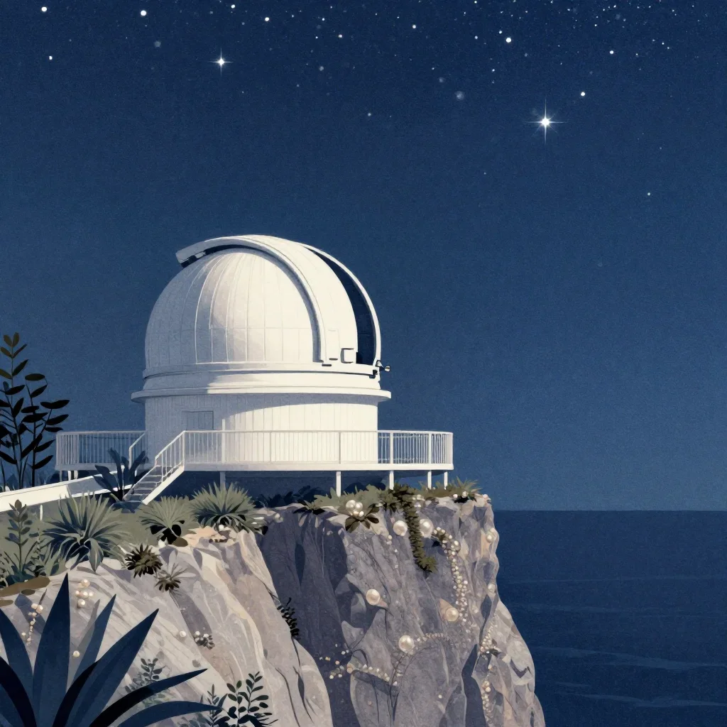 a cliffside observatory beneath a star-filled sky, contemporary botanical illustration, subtle film grain, indigo and pe