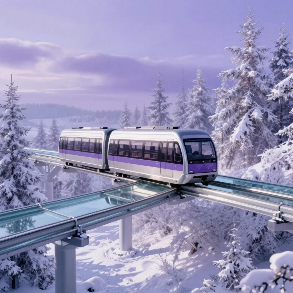 a glass monorail in crisp winter sunlight, dreamlike fine-art landscape photography, restrained color harmony, lavender 