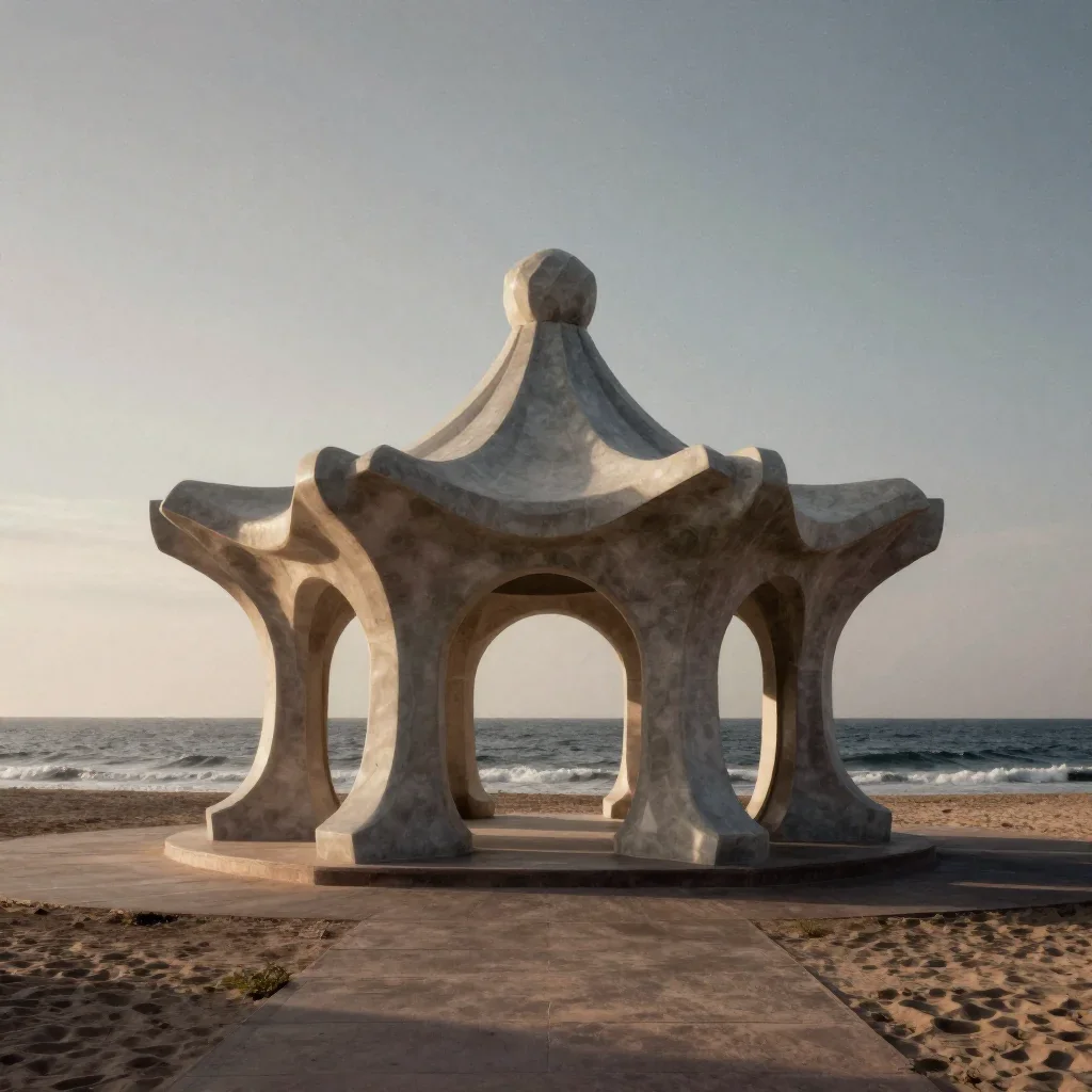 a sculptural ocean pavilion in a gentle sea breeze, high-end design magazine photography, subtle film grain, garnet and 