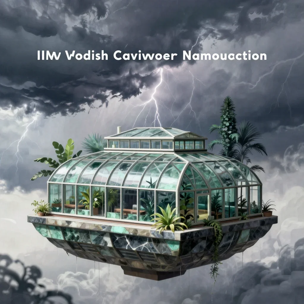 a floating botanical conservatory after a distant thunderstorm, modernist poster illustration, crisp material detail, ja