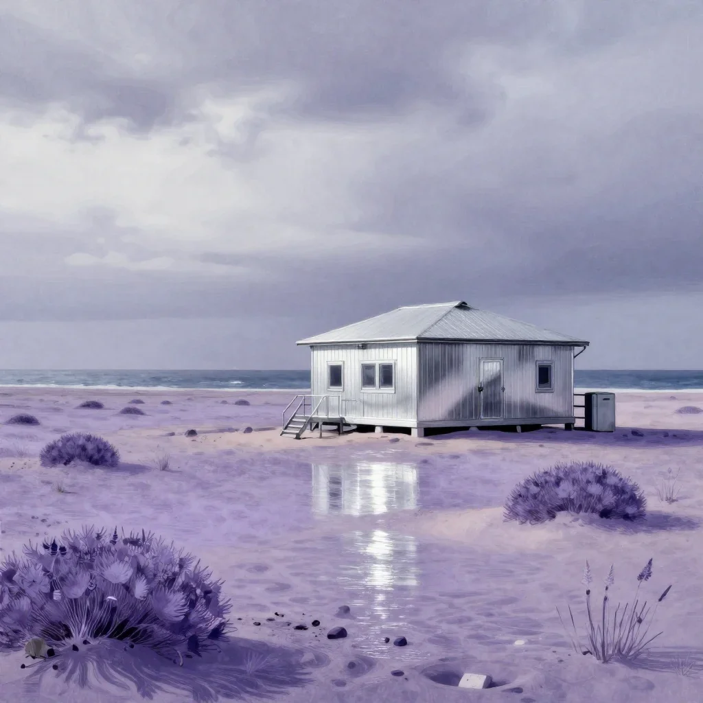 a desert research station under overcast coastal light, Japanese woodblock-inspired editorial art, gentle reflected ligh