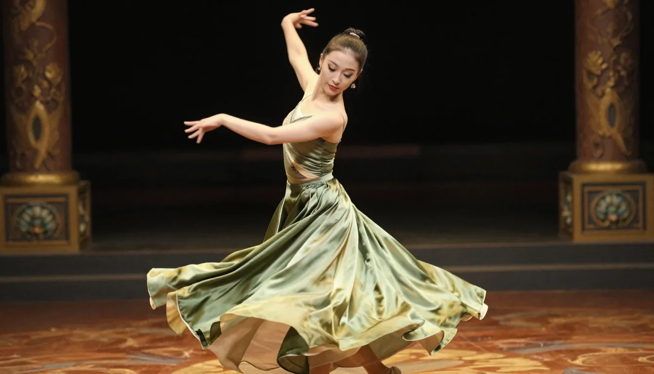 a dancer mid-spin in a silk maxi dress in a coy glance from under lowered lashes, on a midnight dance floor, mythology-i