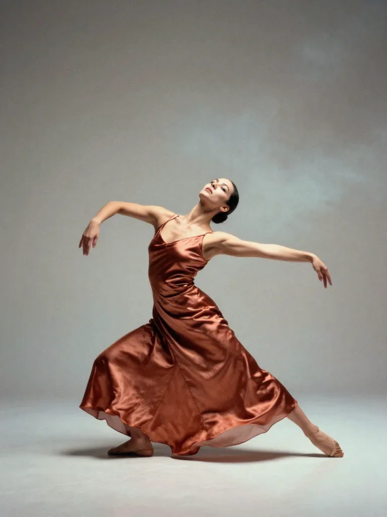 a dancer mid-spin in a silk maxi dress in a low lunge with a lifted chin, in a smoke-lit photo studio, soft-grain analog