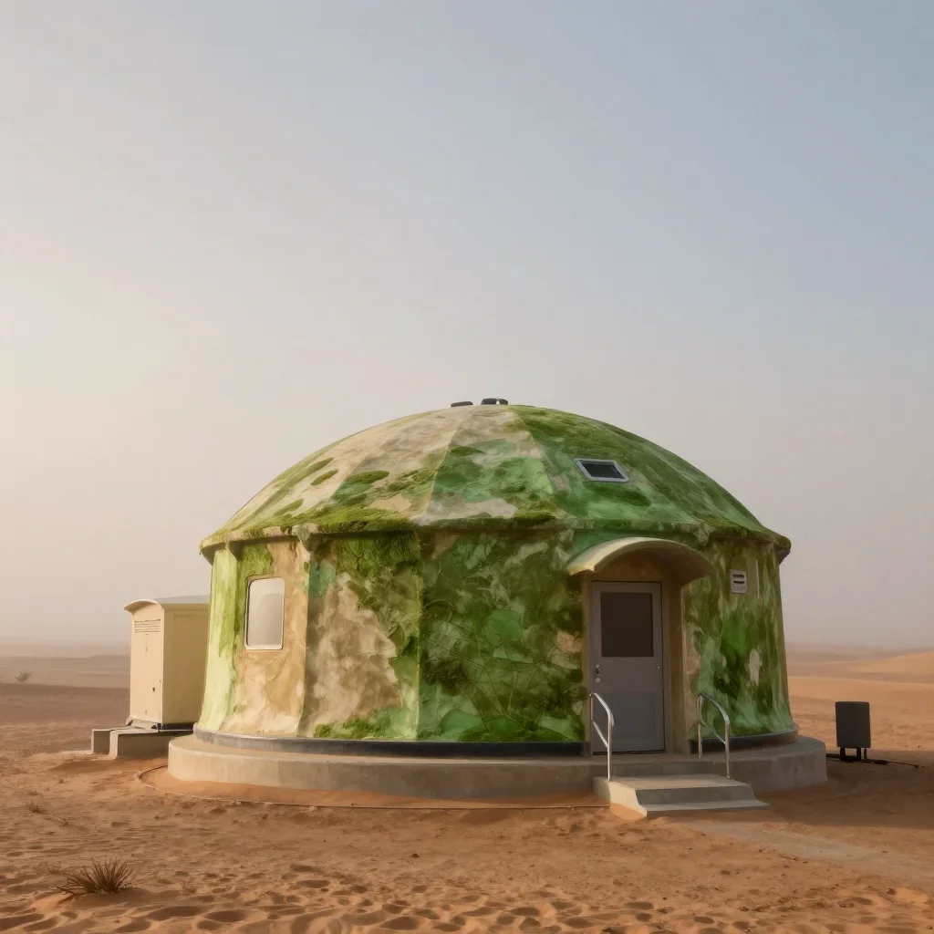 a desert research station under soft dawn fog, cinematic architectural photography, weathered tactile surfaces, moss green and cream palette, no people, no text, no logo, no watermark