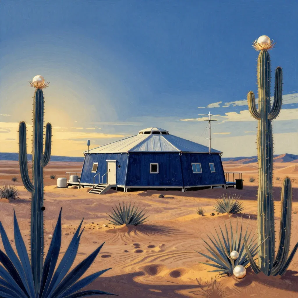 a desert research station during golden hour, contemporary botanical illustration, restrained color harmony, indigo and 