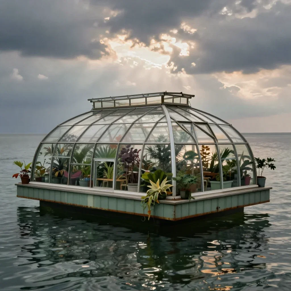 a floating botanical conservatory in a gentle sea breeze, refined editorial travel photography, gentle reflected light, 