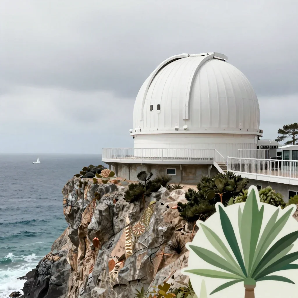 a cliffside observatory under overcast coastal light, contemporary botanical illustration, crisp material detail, indigo