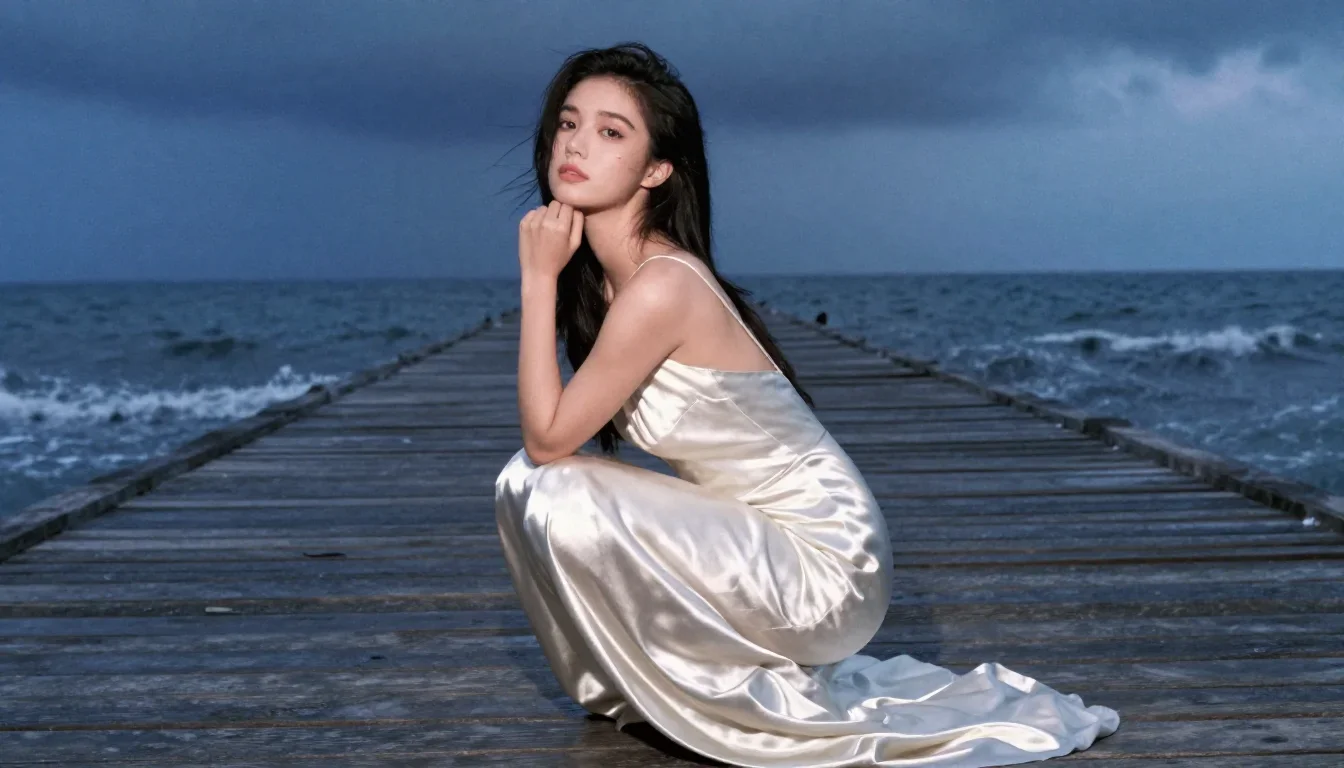 a young woman in a flowing silk gown in a low lunge with a lifted chin, on a storm-washed boardwalk, soft-grain analog f