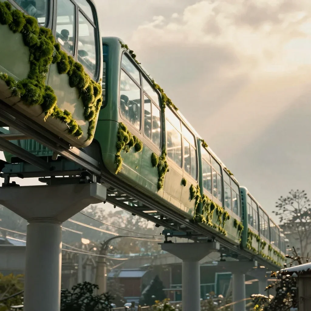 a glass monorail in crisp winter sunlight, cinematic architectural photography, atmospheric depth, moss green and cream 