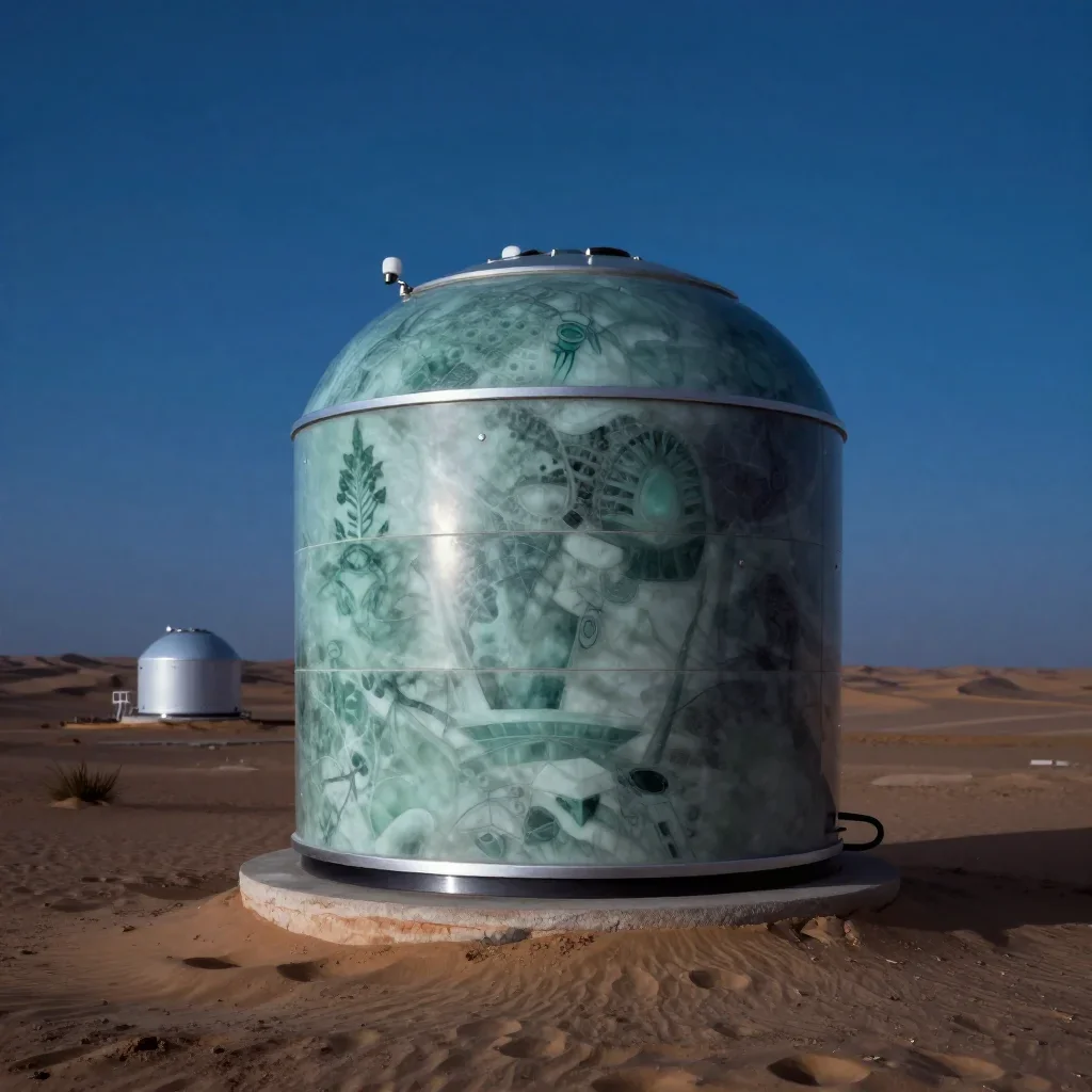 a desert research station at blue hour, dreamlike fine-art landscape photography, crisp material detail, jade and charcoal palette, no people, no text, no logo, no watermark