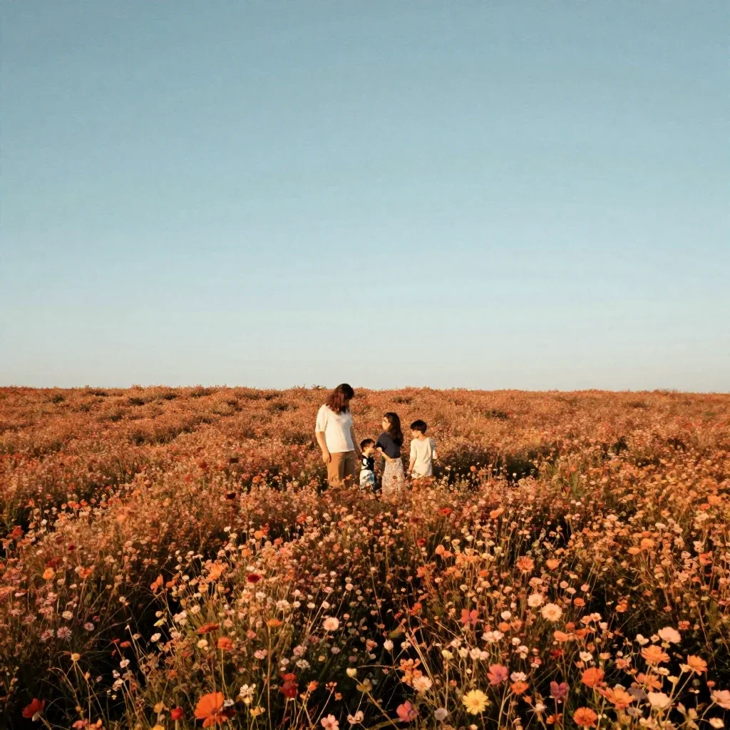 a field of giant wildflowers during golden hour, dreamlike fine-art landscape photography, restrained color harmony, ter
