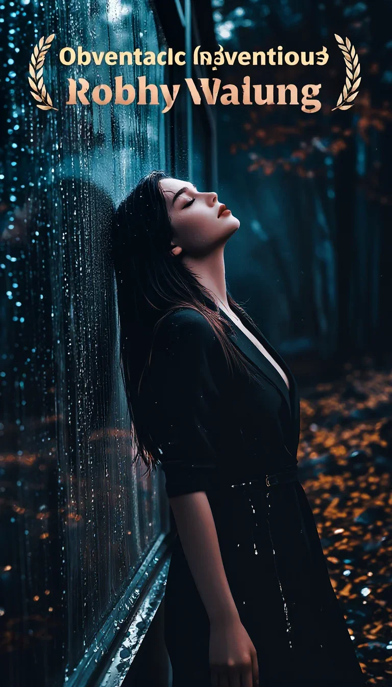 a lover leaning against rain-streaked glass in a deep breath with eyes closed, in a dewy forest clearing, editorial glam