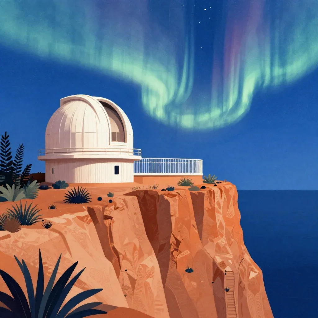 a cliffside observatory beneath an aurora, contemporary botanical illustration, crisp material detail, ochre and ultrama