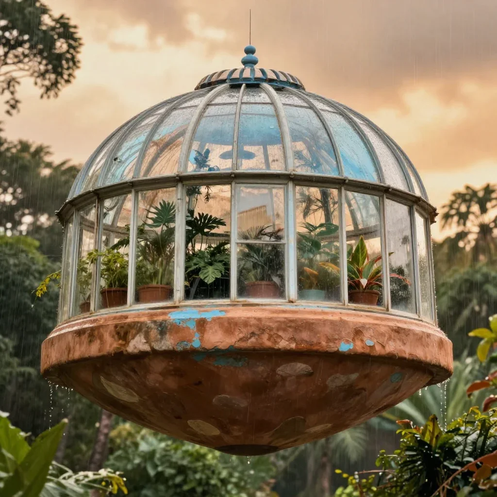 a floating botanical conservatory after warm summer rain, cinematic architectural photography, weathered tactile surface