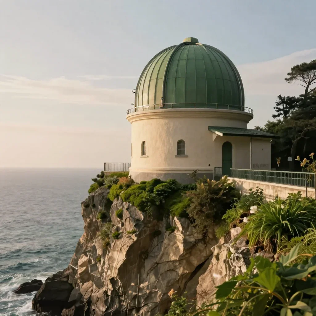 a cliffside observatory in a gentle sea breeze, cinematic architectural photography, soft volumetric light, moss green a