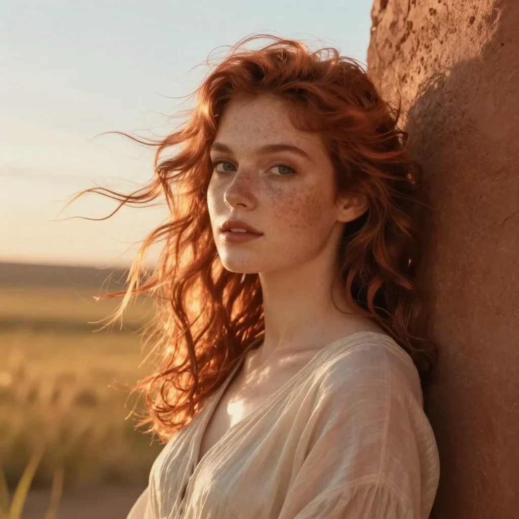a muse with freckles and wind-tousled copper hair in a wind-swept lean against a wall, in a backlit golden-hour field, m