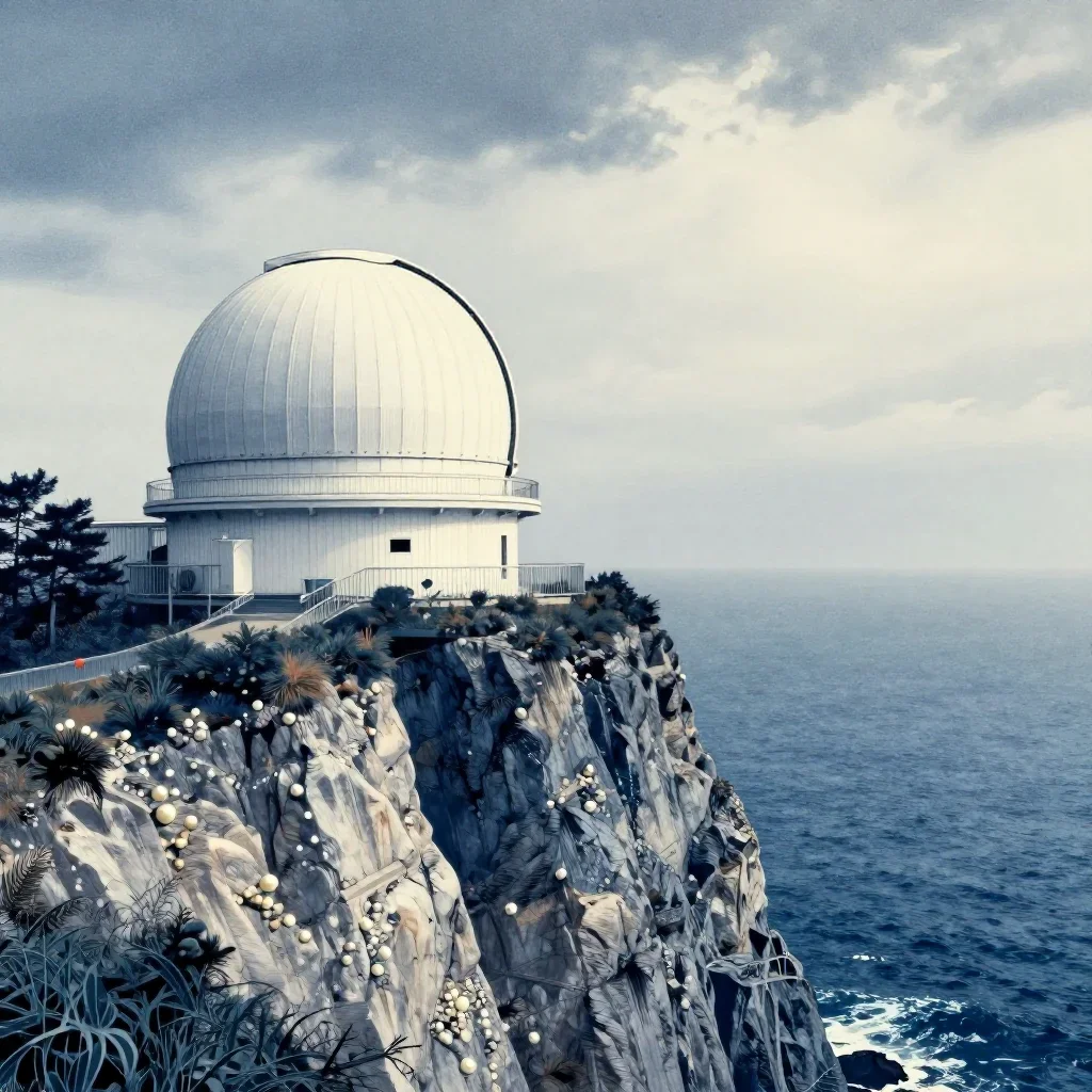 a cliffside observatory under overcast coastal light, Japanese woodblock-inspired editorial art, soft volumetric light, 
