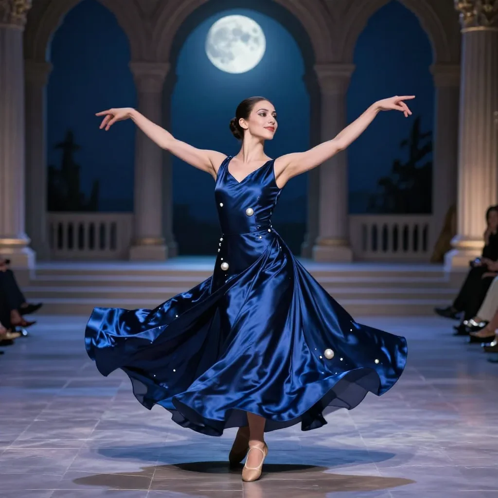a dancer mid-spin in a silk maxi dress in a bold, open-armed welcome, in a moonlit palace courtyard, high-fashion runway