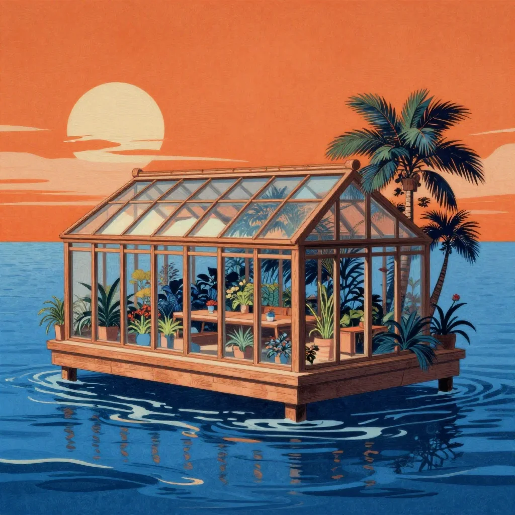 a floating botanical conservatory in a gentle sea breeze, Japanese woodblock-inspired editorial art, crisp material deta