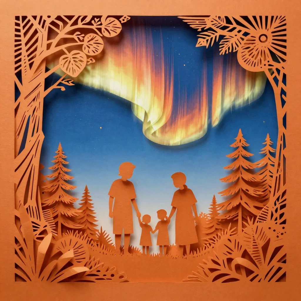 a cloud forest canopy beneath an aurora, intricate paper-cut illustration, careful geometric composition, ochre and ultr