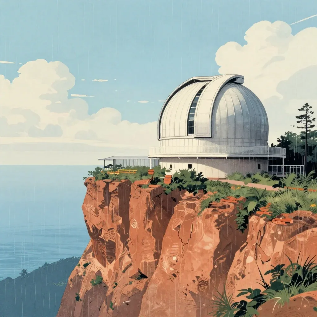 a cliffside observatory after warm summer rain, Japanese woodblock-inspired editorial art, clean natural textures, terra