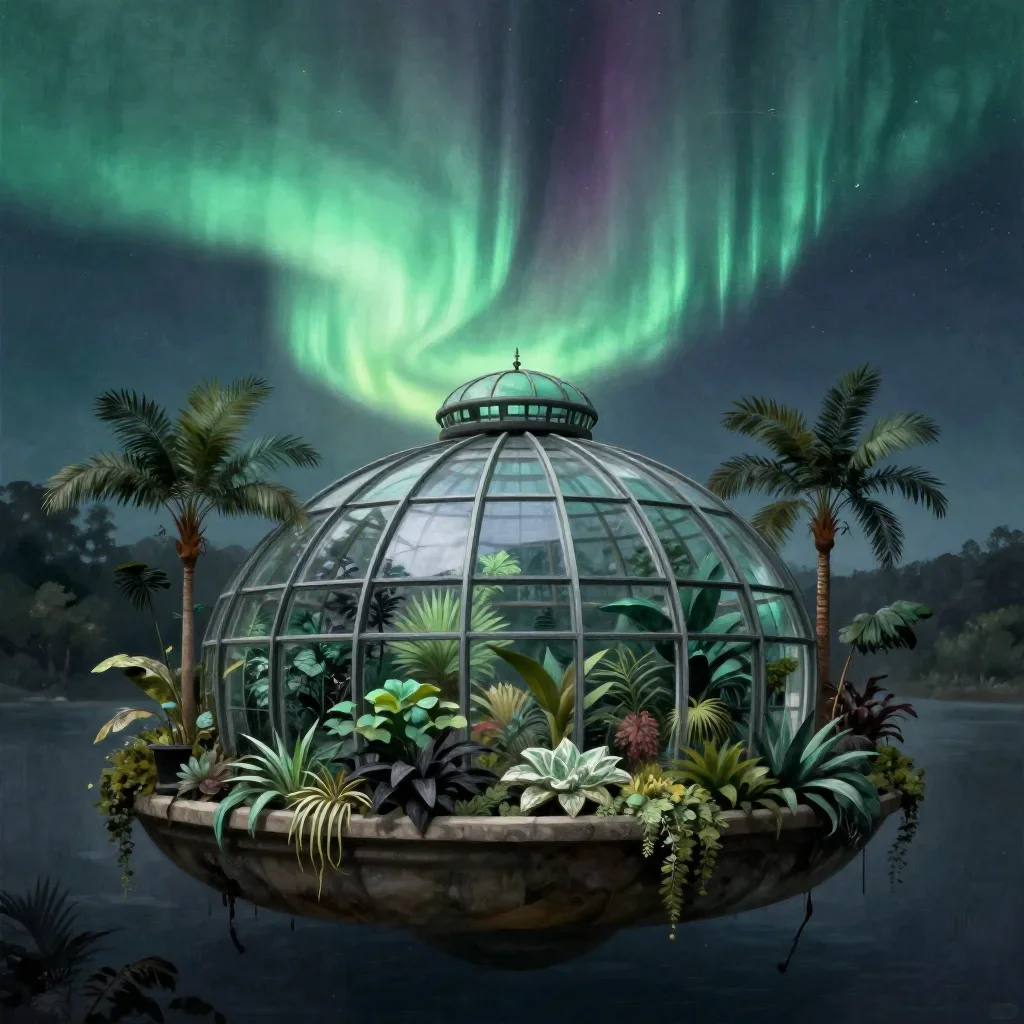 a floating botanical conservatory beneath an aurora, contemporary botanical illustration, atmospheric depth, jade and ch