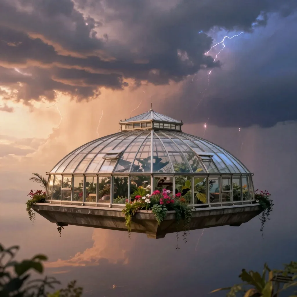 a floating botanical conservatory after a distant thunderstorm, dreamlike fine-art landscape photography, soft volumetri