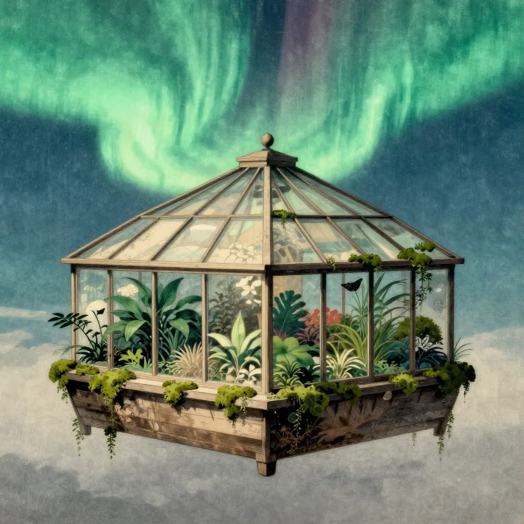 a floating botanical conservatory beneath an aurora, Japanese woodblock-inspired editorial art, weathered tactile surfac