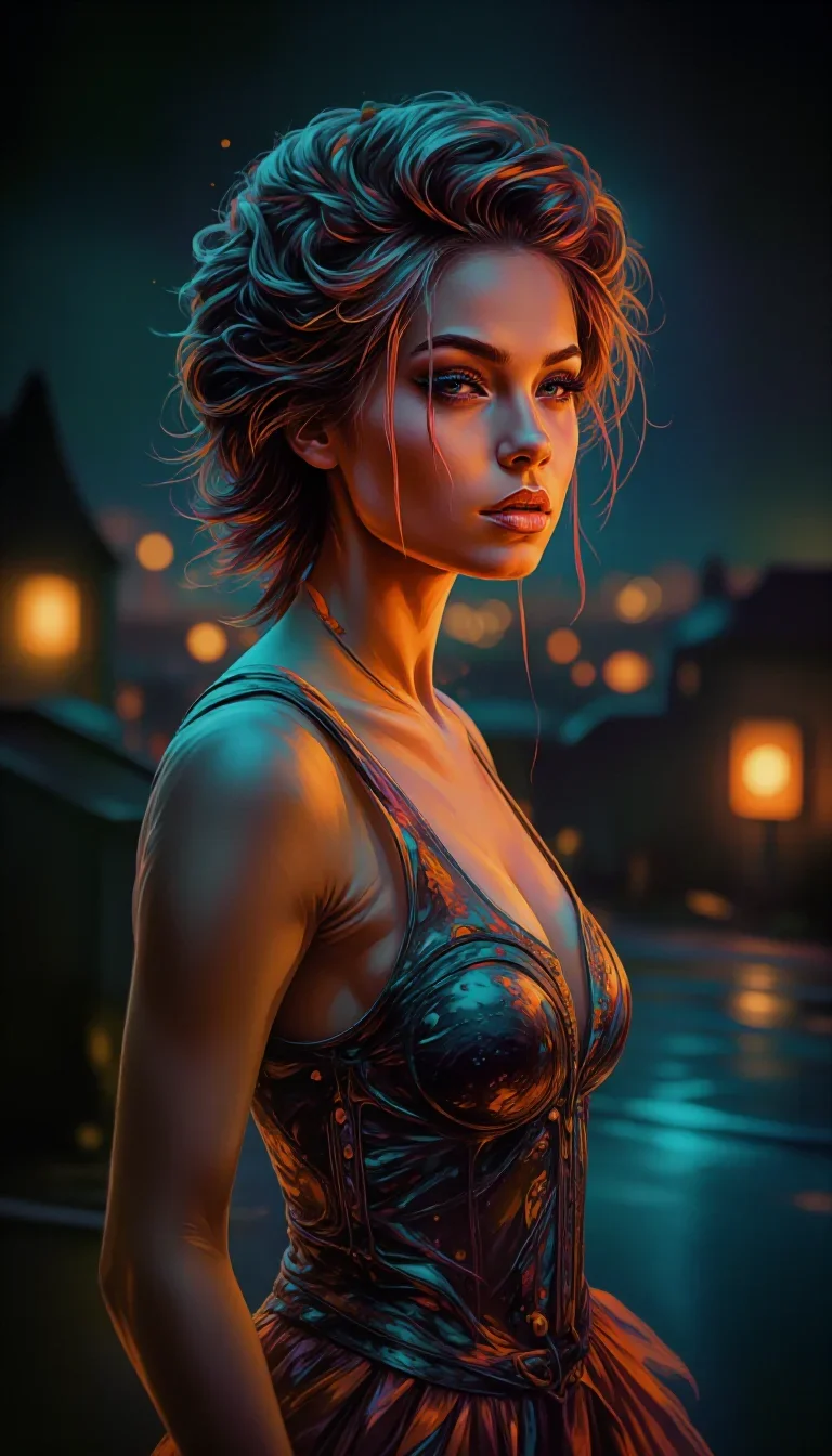 a couture catwalk muse with razor cheekbones in a gentle reach toward the lens, on a neon-lit rooftop at midnight, neo-noir cinematic portrait, gentle reflected light, cobalt and amber palette, no text, no logo, no wa...