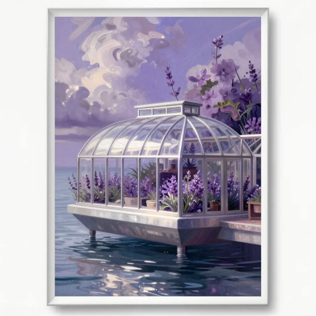 a floating botanical conservatory in a gentle sea breeze, modernist poster illustration, calm negative space, lavender a