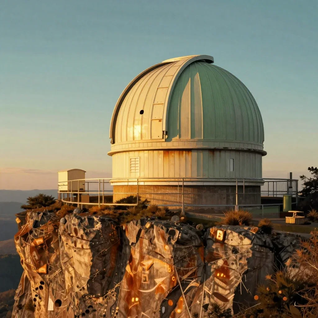 a cliffside observatory during golden hour, Japanese woodblock-inspired editorial art, clean natural textures, rust and 