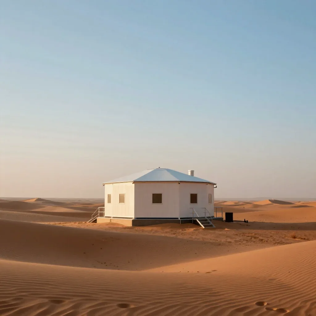 a desert research station in quiet late-afternoon haze, high-end design magazine photography, careful geometric composit