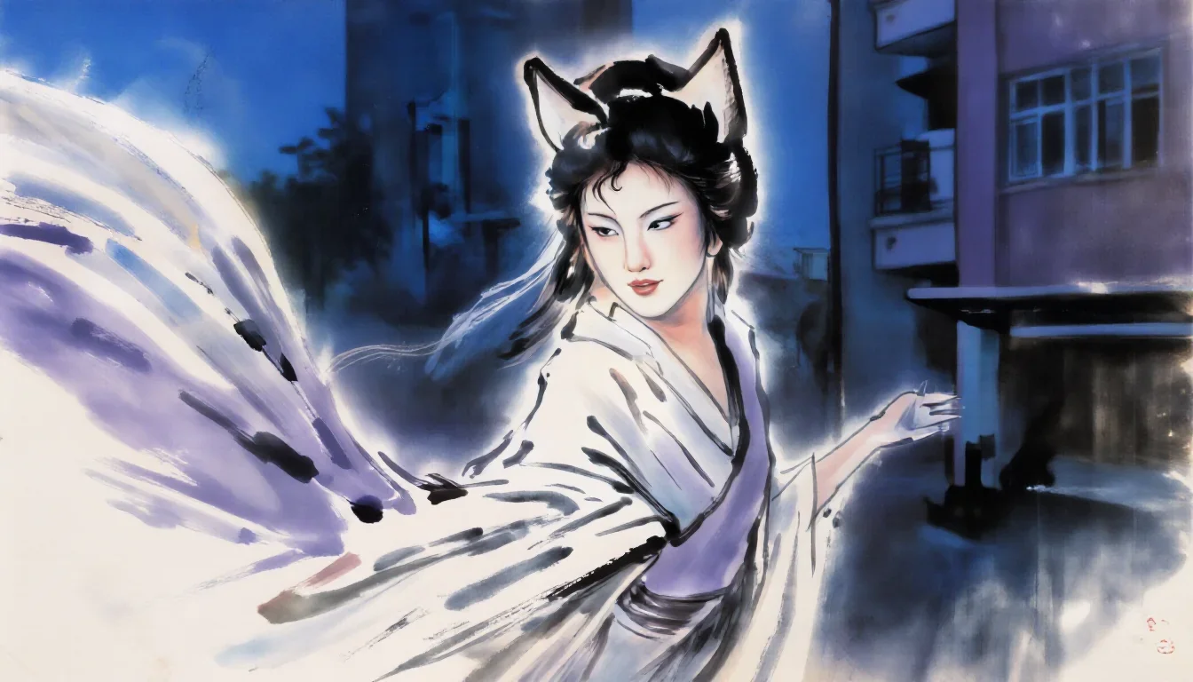 a spectral fox-spirit woman in an ink wash in a gentle reach toward the lens, in a blue-hour city apartment, moody Fujif