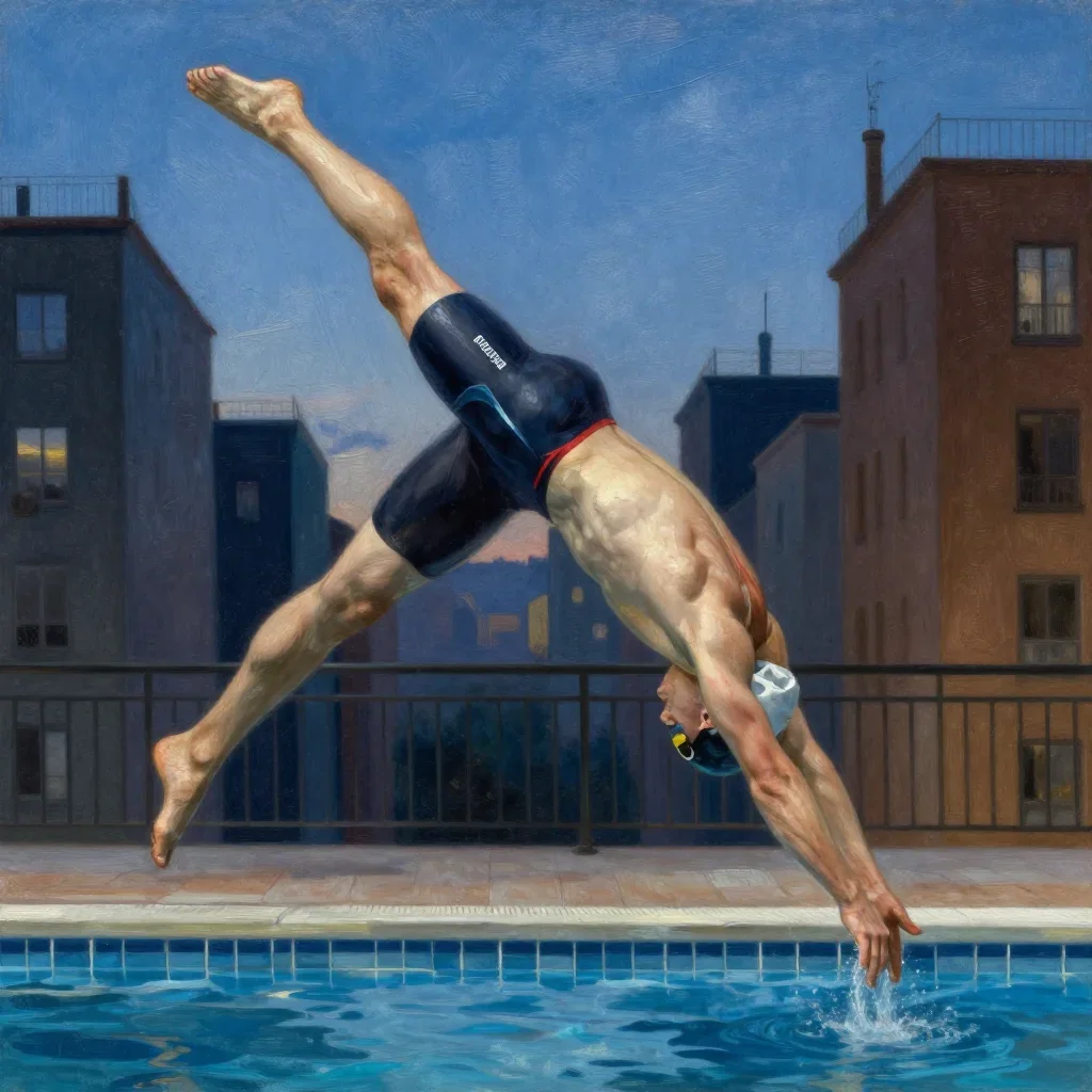 a swimmer before the plunge in a racing suit in a graceful contrapposto pose, in a blue-hour city apartment, Renaissance