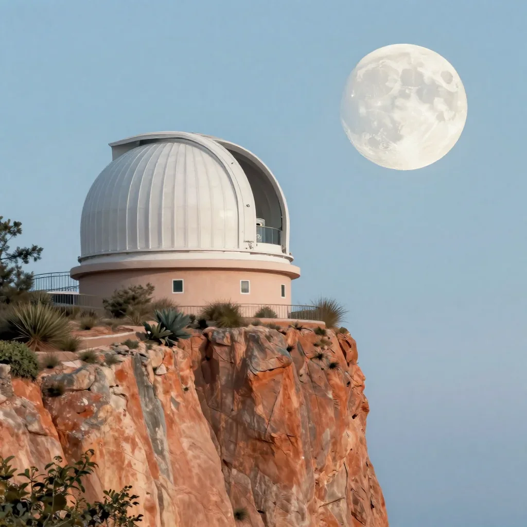 a cliffside observatory at moonrise, contemporary botanical illustration, clean natural textures, terracotta and pale sk