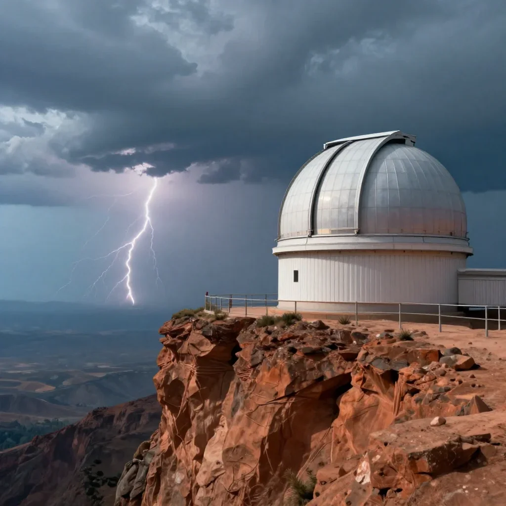 a cliffside observatory after a distant thunderstorm, quiet science-fiction concept art, atmospheric depth, terracotta a