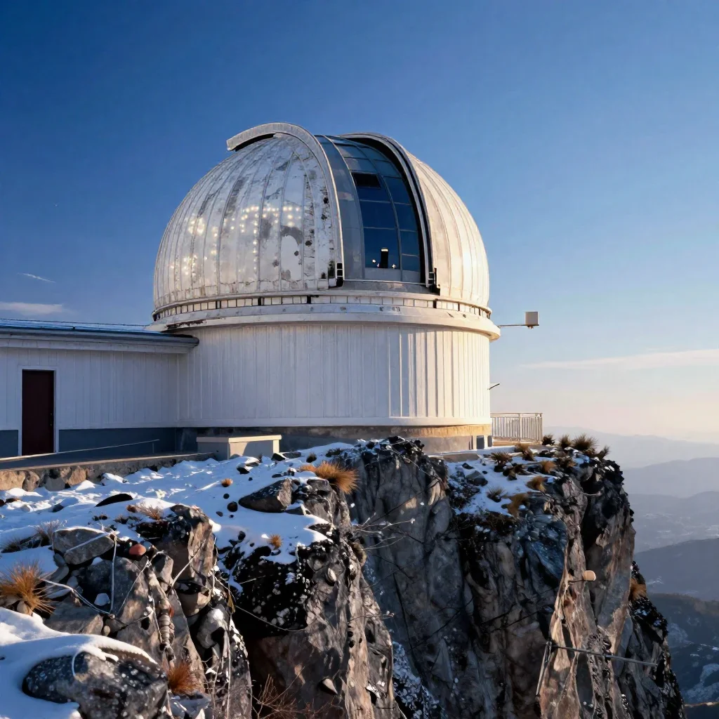 a cliffside observatory in crisp winter sunlight, cinematic architectural photography, weathered tactile surfaces, indigo and pearl palette, no people, no text, no logo, no watermark