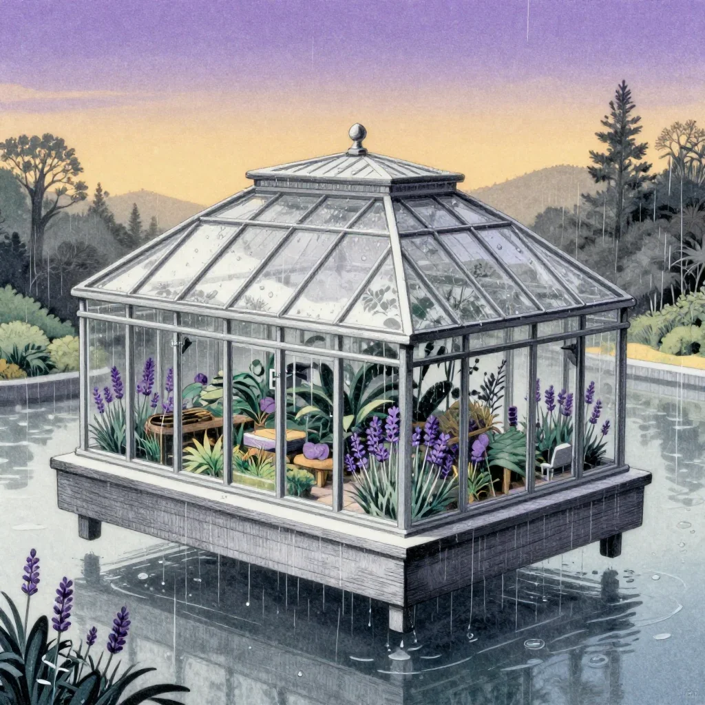 a floating botanical conservatory after warm summer rain, Japanese woodblock-inspired editorial art, subtle film grain, 