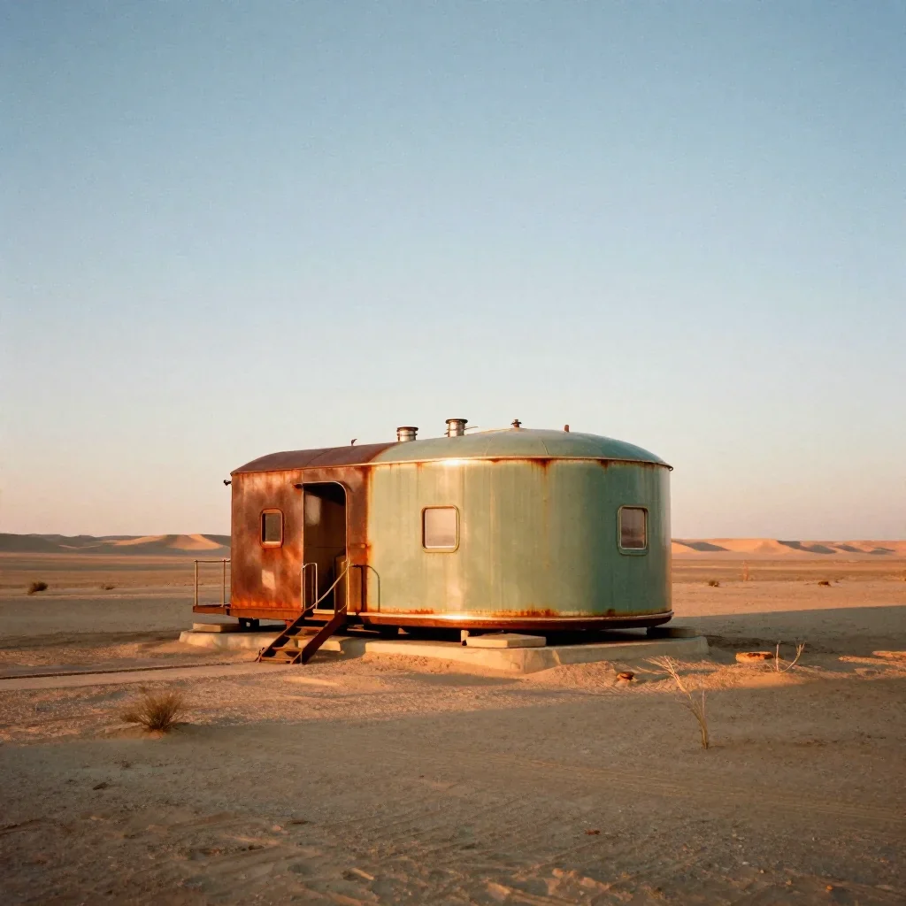 a desert research station during golden hour, soft-grain analog film photography, clean natural textures, rust and sage 