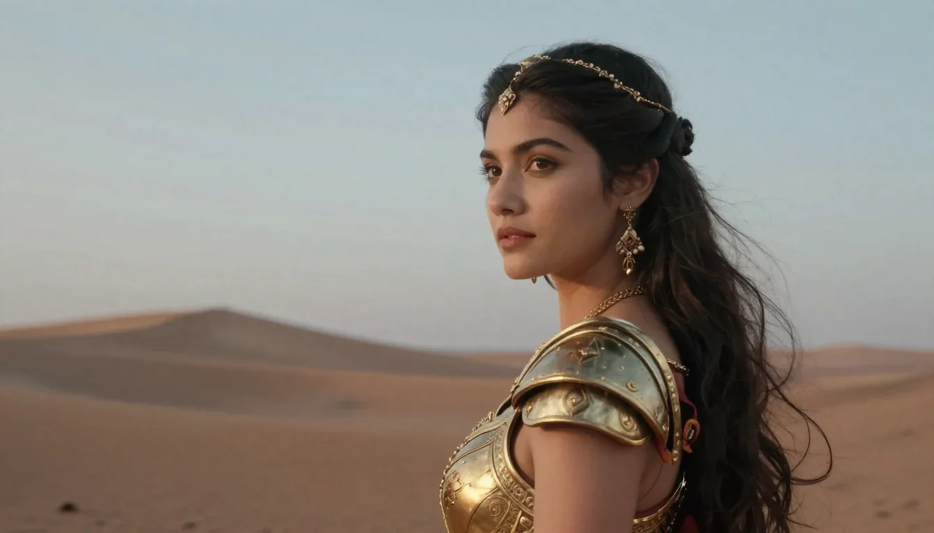 a warrior queen in ornate gilded armor in an alluring over-the-shoulder glance, in a silent desert at twilight, soft-gra