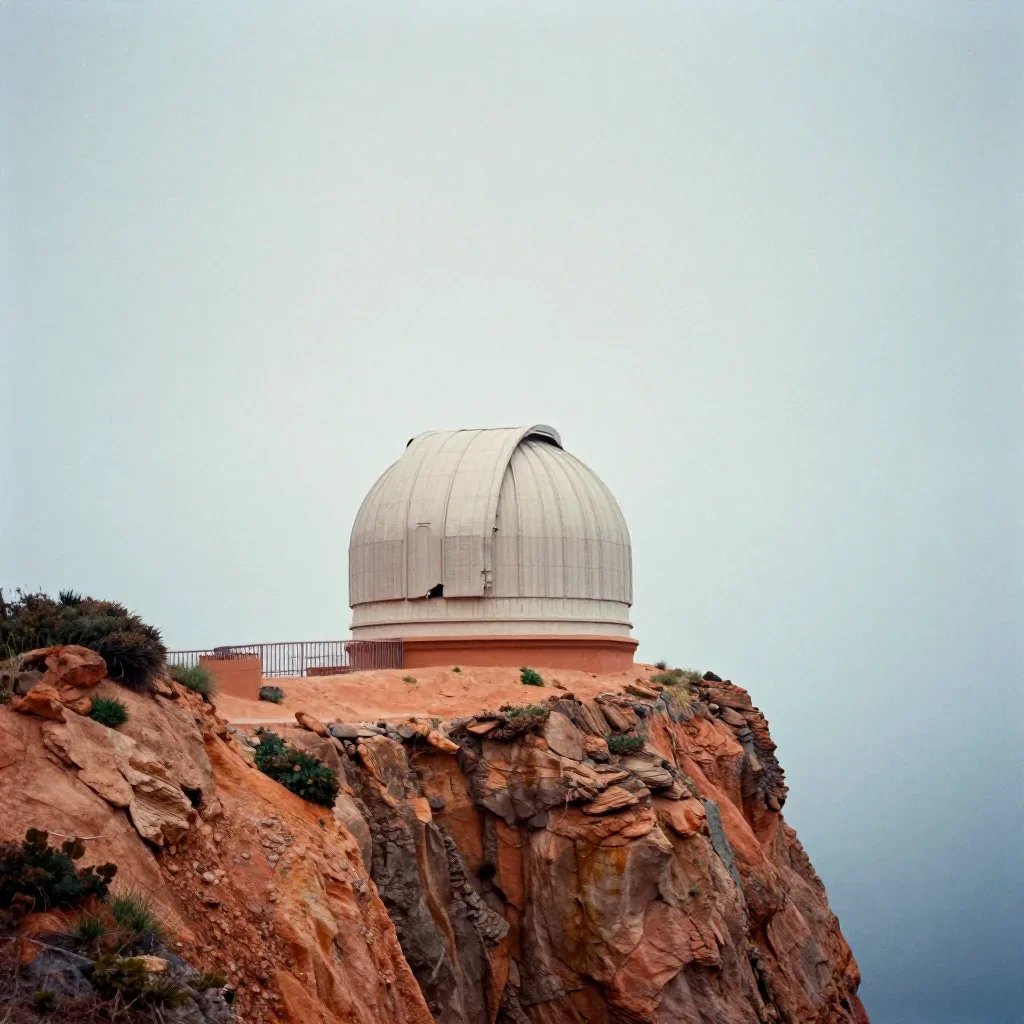 a cliffside observatory after warm summer rain, soft-grain analog film photography, restrained color harmony, terracotta