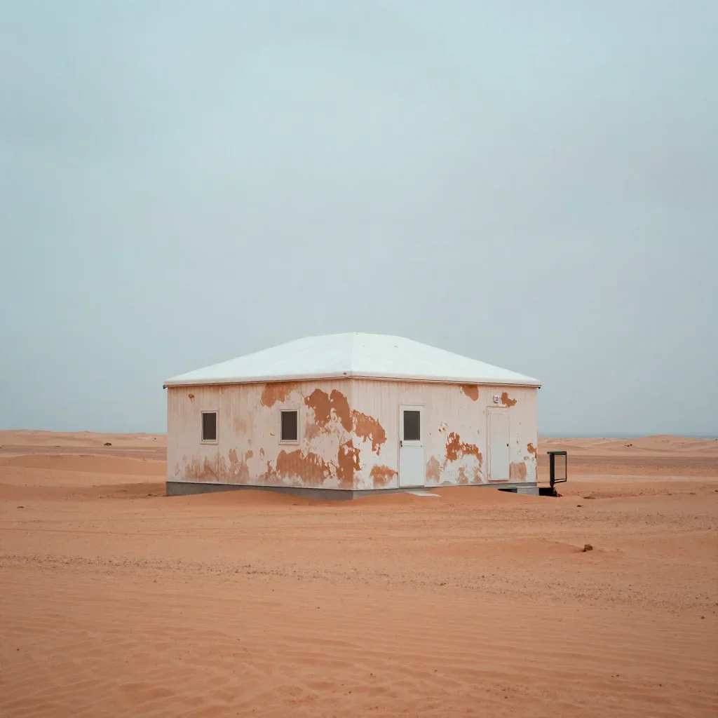 a desert research station under overcast coastal light, dreamlike fine-art landscape photography, weathered tactile surf