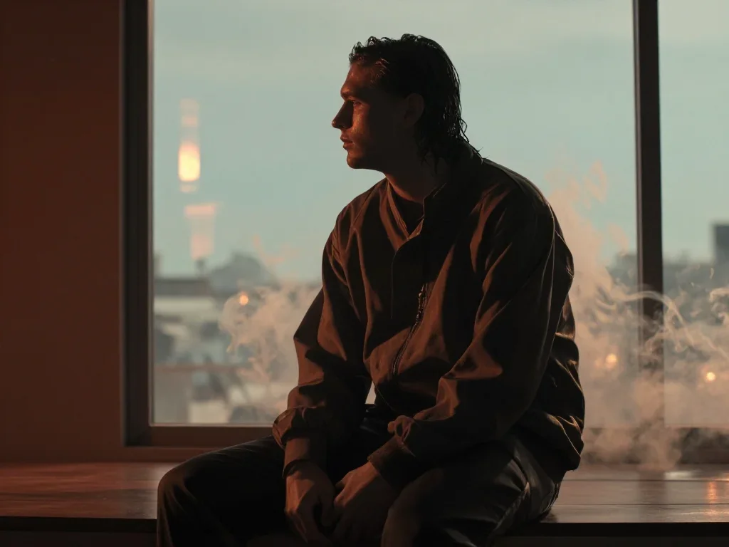 a streetwear influencer with wet-look hair in a seated silhouette against a window, in a smoke-lit photo studio, moody F