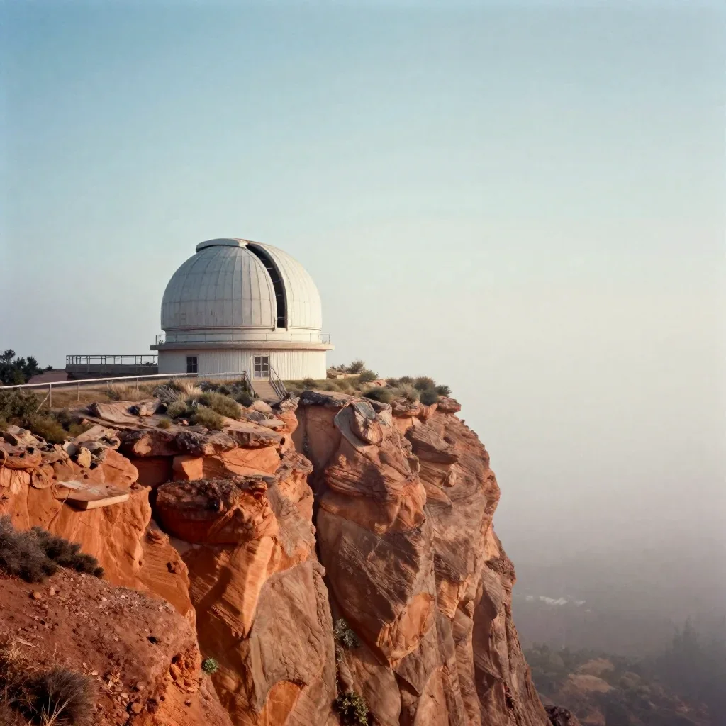 a cliffside observatory in early spring mist, dreamlike fine-art landscape photography, subtle film grain, terracotta an